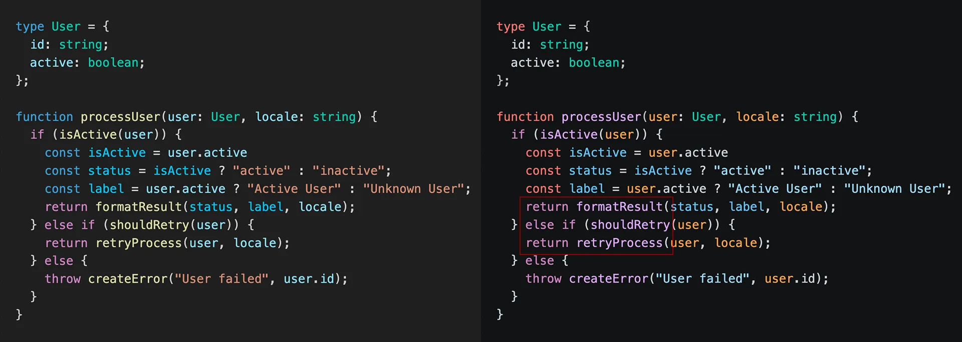 VS Code new Theme comparision TypeScript functions