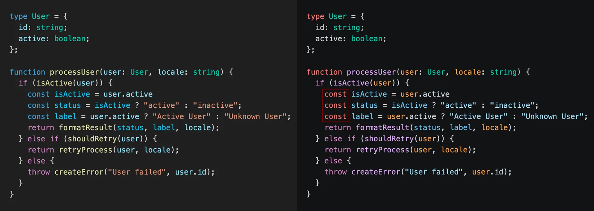 VS Code new Theme comparision TypeScript structural Keywords