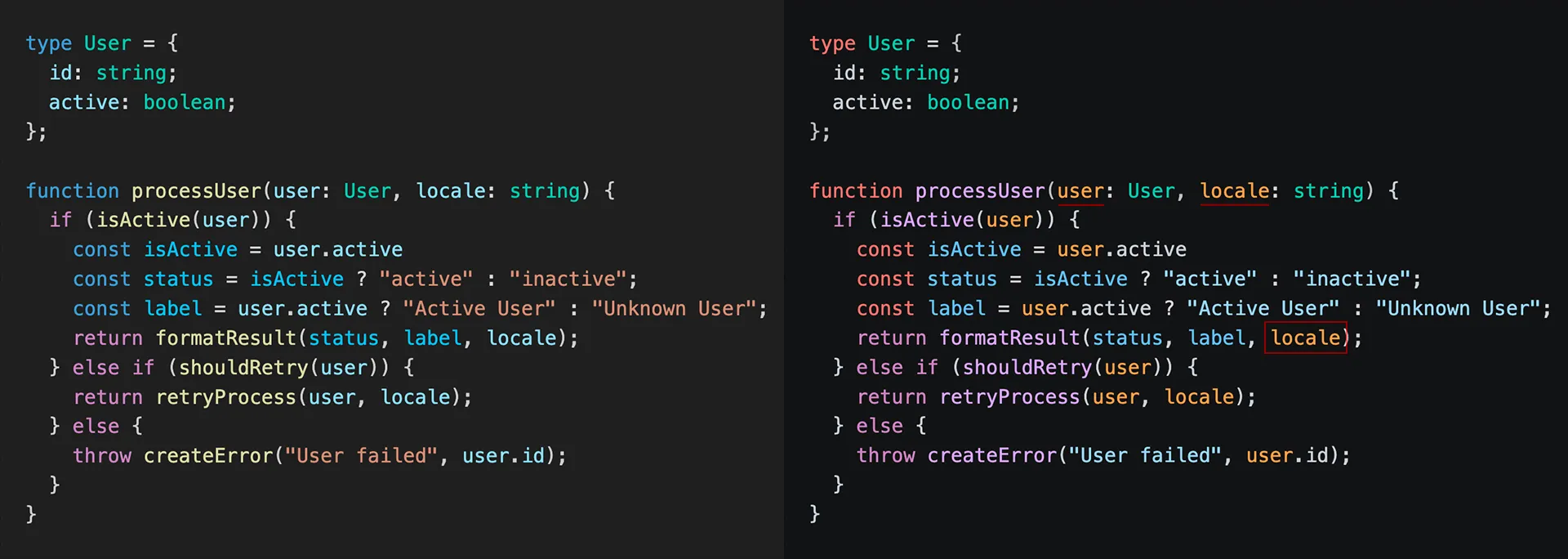 VS Code new Theme comparision TypeScript parameters